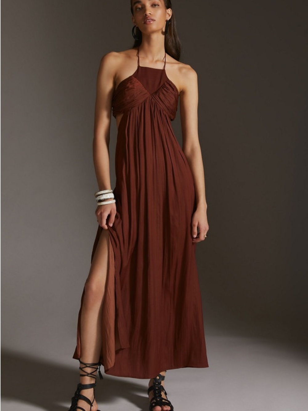 Anthropologie | Brown Halter Maxi with Side Slit